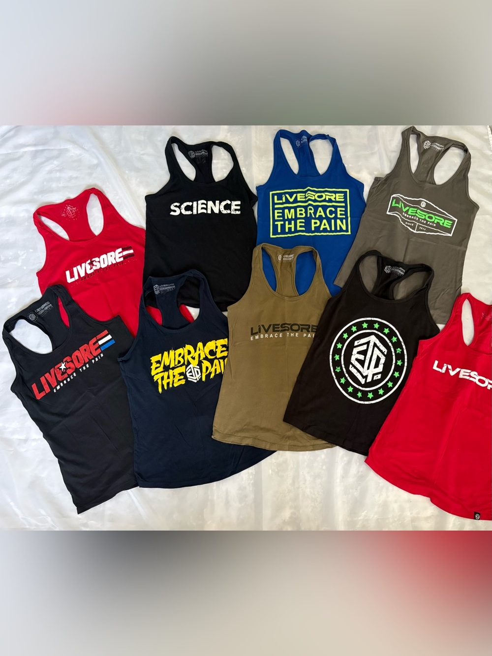 Livesore Graphic Racerback Tank Tops - Bundle Mixed Colors (9 tank tops )